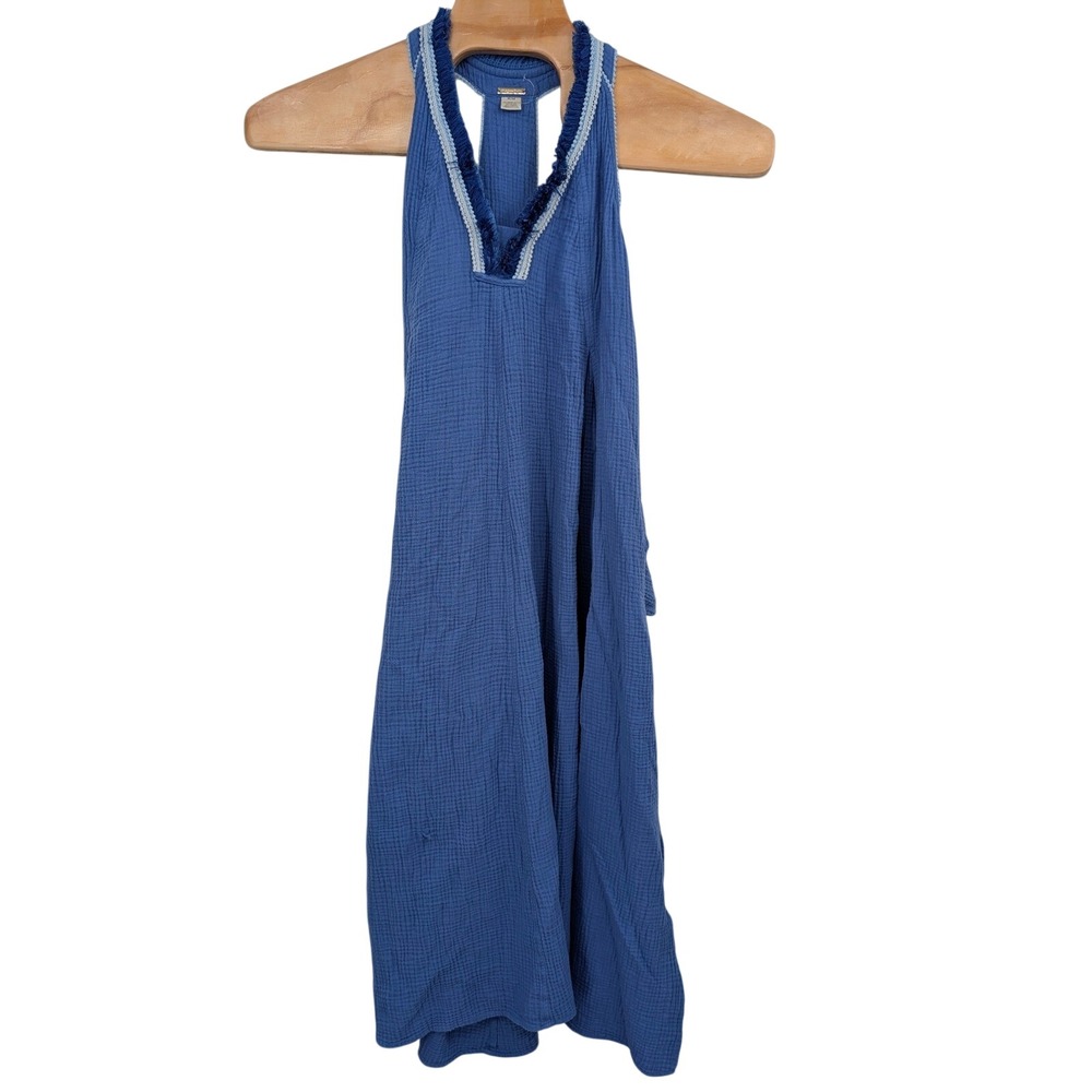 Magaschoni Blue Gauze Maxi Dress Women's Medium Sleeveless Halter Fringe Boho
